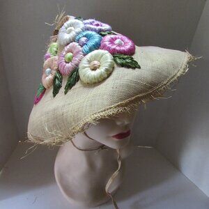 Fun Asian Style Cone Hat Cruise Wear Beach Wear Raffia Blossoms Hand Made